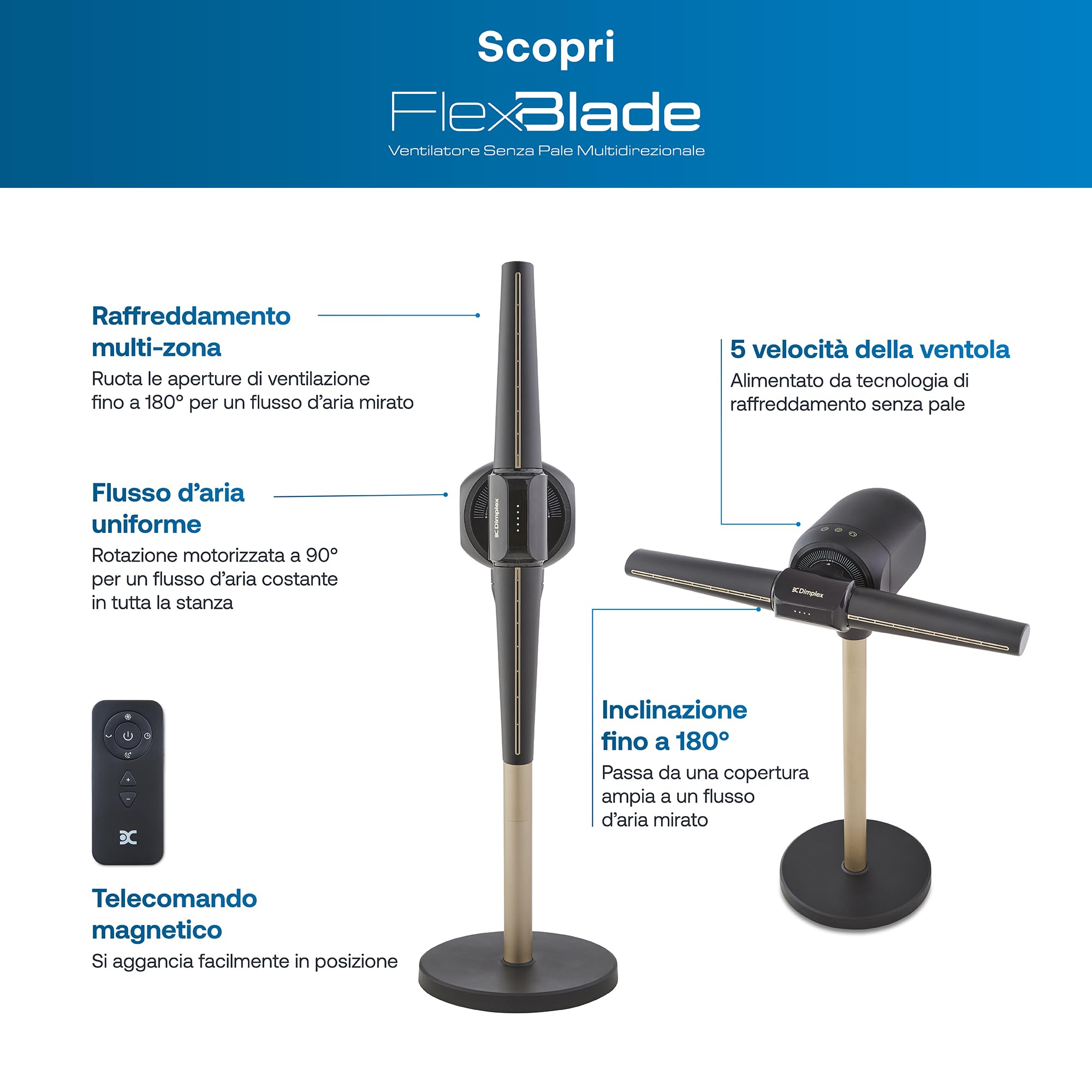 Dimplex FlexBlade Ventilatore Senza Pale, Doppia Uscita 2×180°, Oscillante 90°, Portata 20m, Silenzioso (36dB), 5 Velocità, Telecomando Magnetico, Timer | Design senza pale con 2 prese d'aria indipendenti a 180°, 5 livelli, solo 36 dB, timer da 10 ore, to