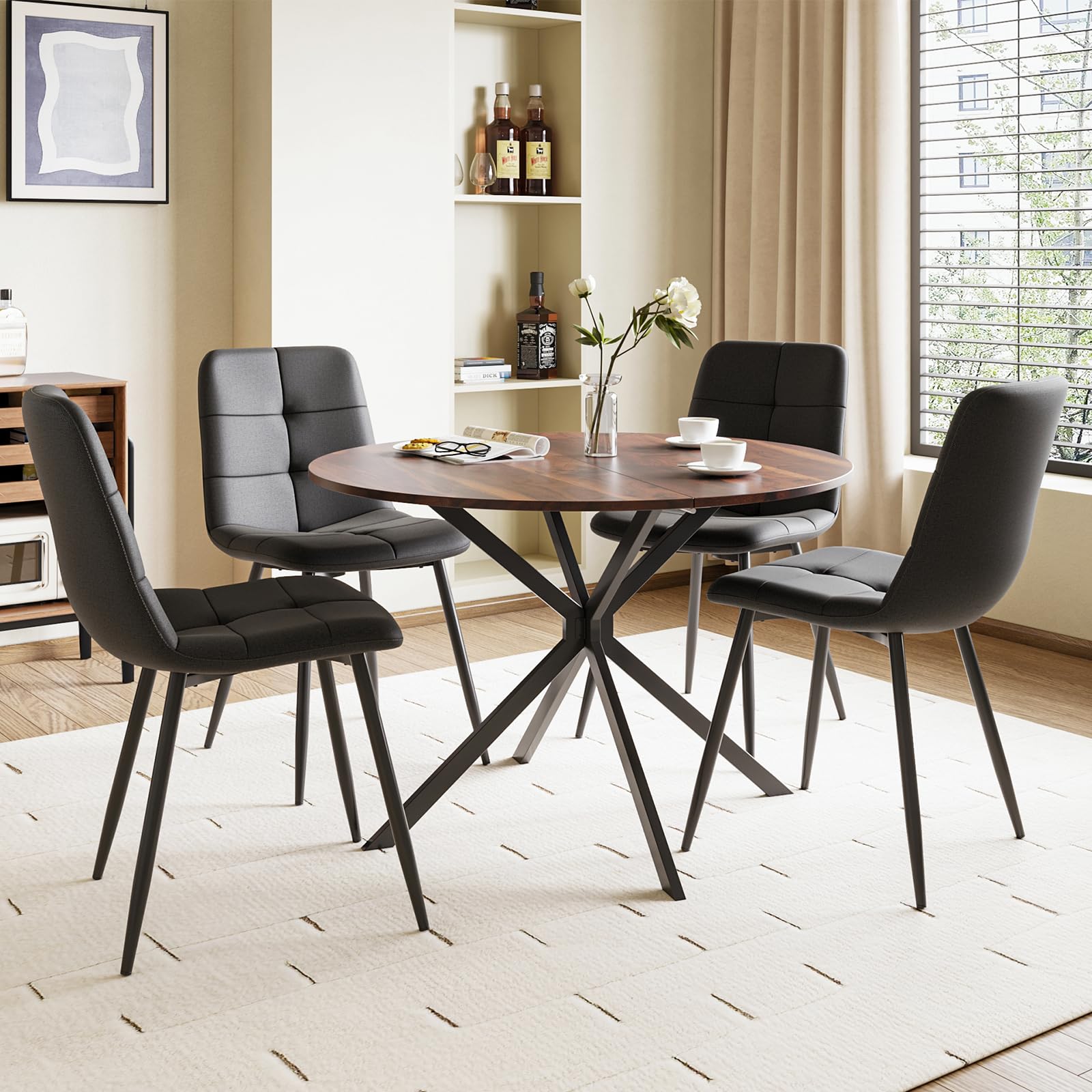 Luxstein Round Dining Table and Chairs Set 4, 100cm Dark Wood Folding Table with 4 Black Upholstered Linen Chairs for Dining Room, Kitchen โ image 1