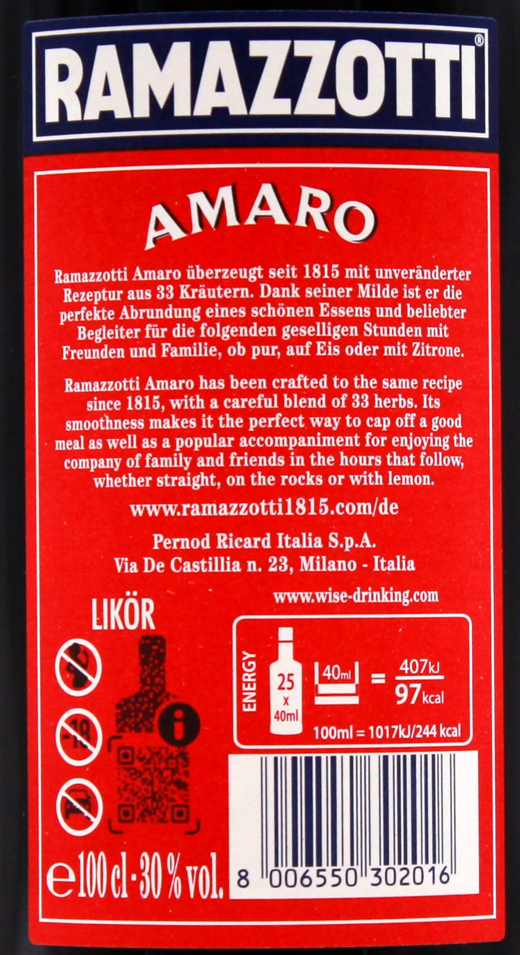 Ramazzotti Amaro Milano Kräuterlikör 30% vol., 6er Pack (6 x 1 l)