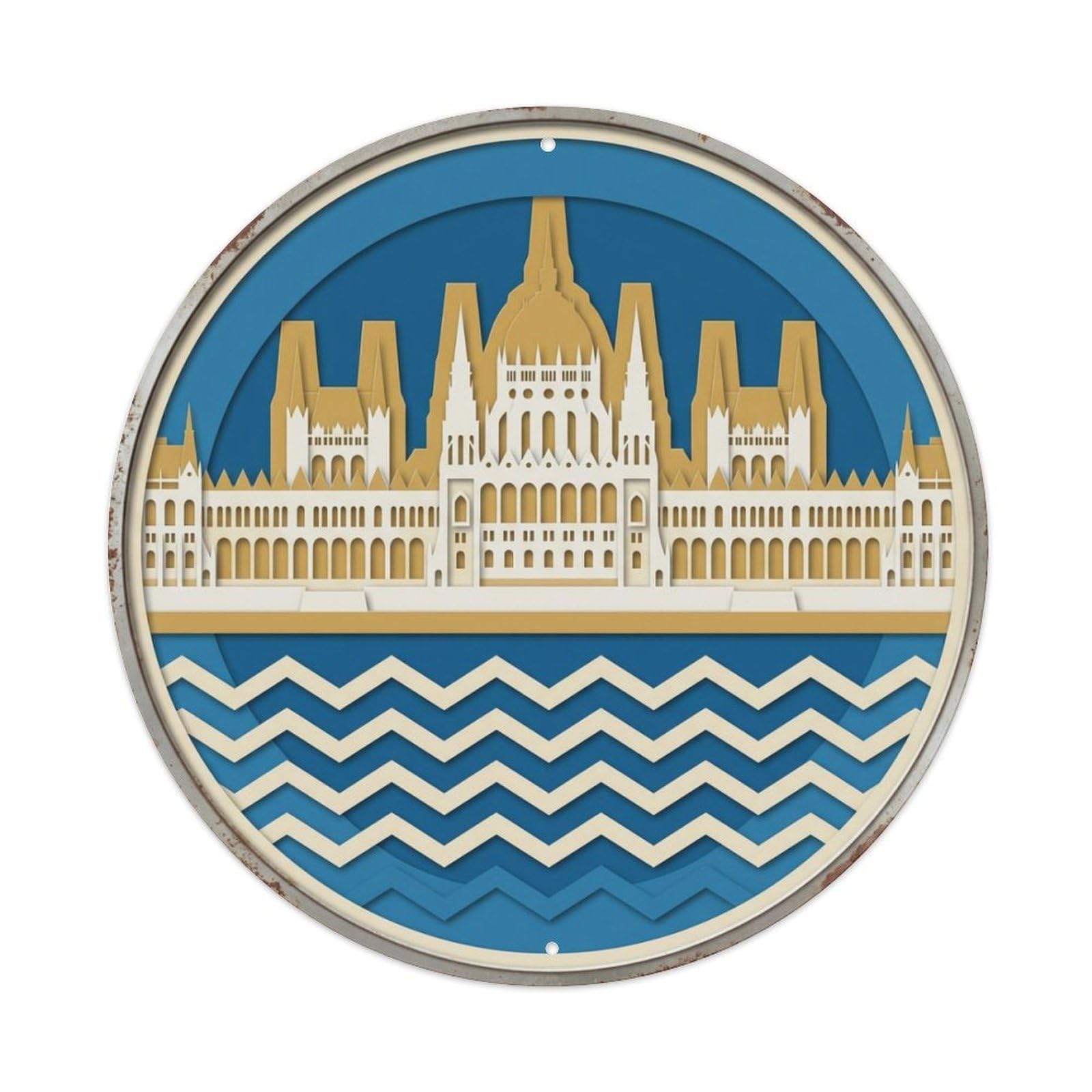Budapest Layered Parliament Travel Metal Tin Sign Plaque Wall Decor for Cafe, Club Bar, Office, Home Garden Round Metal Poster 8x8Inch