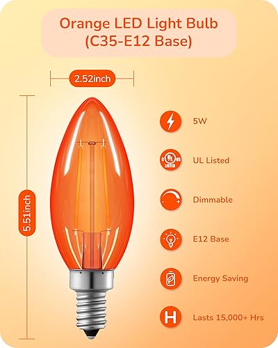 Miniatura 3 de EDISHINE Bombilla regulable naranja, equivalente a 5 W, bombilla LED C35 de filamento C35, paquete de 6 enchufes E12, bombilla Edison de vidrio