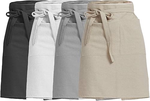Delantal de Servidor de Lino Cityelf de Algodón de Media Cocina con Bolsillos Grandes de Cintura de Cocina para Camarera