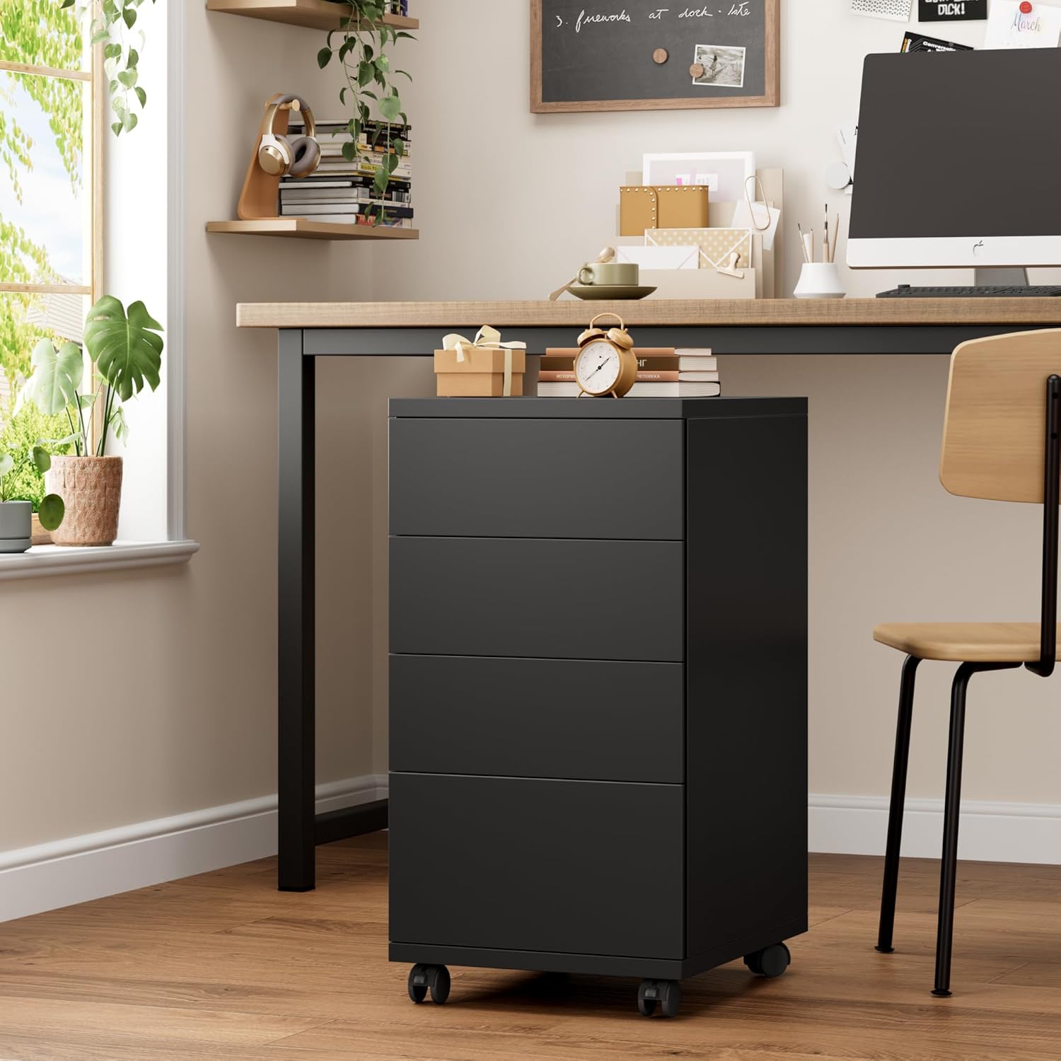 4-Drawers Chest, Mobile Under Desk Drawer with Locking Casters, Wooden Printer Stand with Wheels, Rolling Craft Storage Cabinet for Home Office, Black