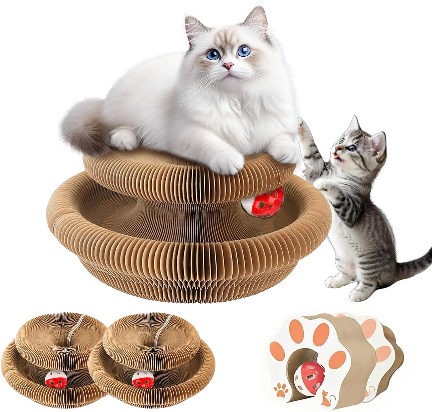 2-Pack Kitty kurls cat Scratcher – Foldable Magic Organ Cat Play Toy with Reversible Corrugated Pads & Bell Ball Interactive Board for Indoor Cats