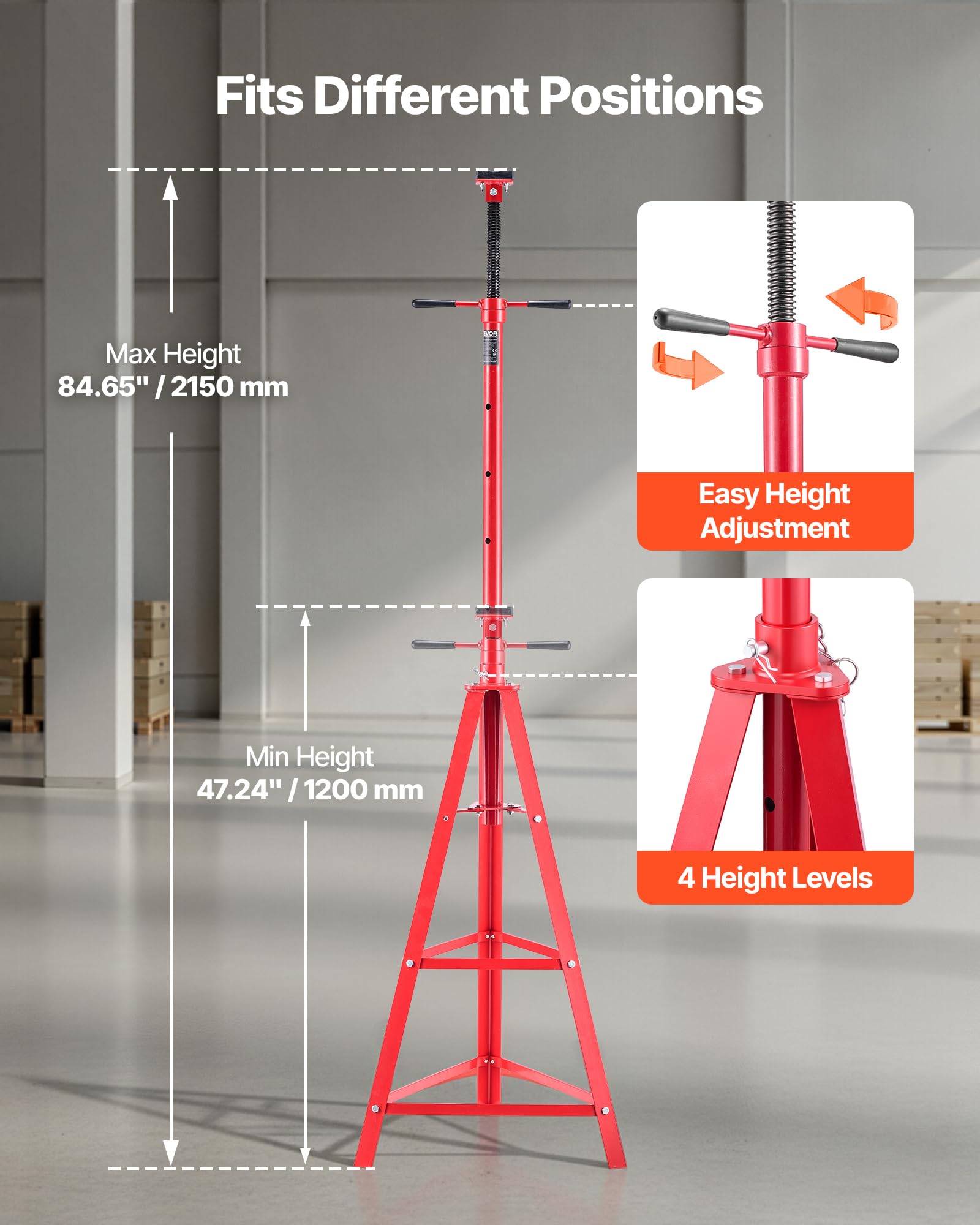VEVOR Unterhub-Stützständer 2 t, Höhenverstellbarer (120-215 cm / 4-stufig) Wagenheberständer aus Kohlenstoffstahl, Dreibeinständer zur Unterstützung von Fahrzeugkomponenten Autoreparatur