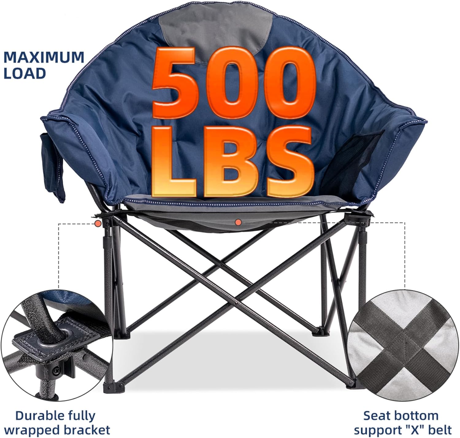 Oversized Camping Chair with Cup Holder & Carry Bag - 500lbs Heavy Duty Moon Saucer Chair for Outdoor, Lawn, Sports, Patio - Padded Folding Sofa Chair, Blue & Gray - Image 3