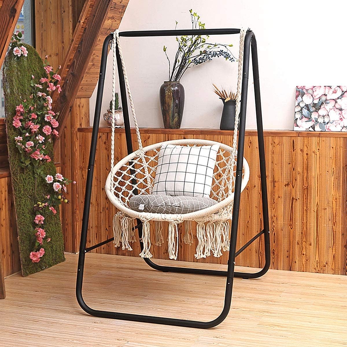 LDAILY Hammock Chair, Outdoor Macrame Swing Chair w/Backrest & Metal Hoops, Cotton Rope Handwoven Hanging Chair for Bedroom, Balcony, Backyard & Garden, 330LBS Capacity (Beige)