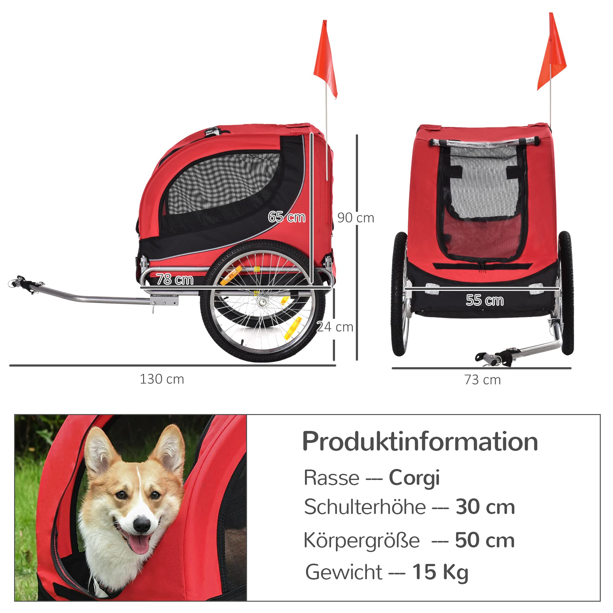 Pawhut Hundeanhänger Fahrradanhänger Hundetransporter Hunde Fahrrad Anhänger Rot+Schwarz 130 x 73 x 90 cm Haustier