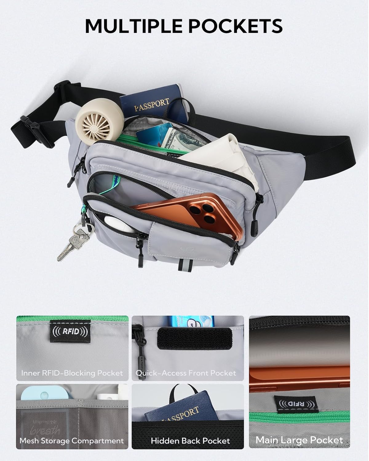 WATERFLY Fanny Pack Waist Bag: 3L Large Waist Pack with Anti-Theft RFID Blocking, 9 Pockets & Adjustable Belt Water Resistant Hip Pack for Women Men Travel Hiking Running