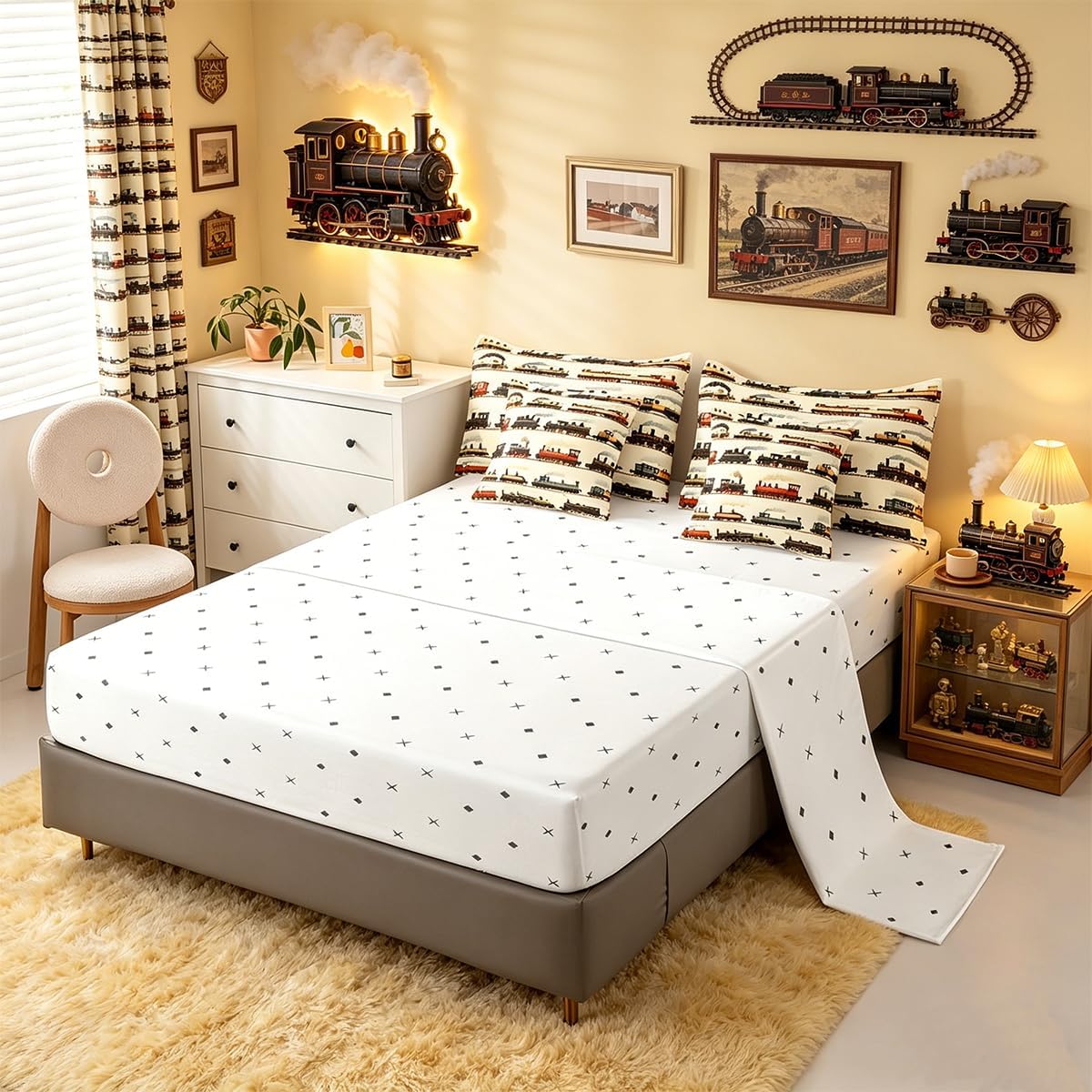 Feelyou Vintage Train Comforter Set Twin 7 Pcs Retro Steam Engine Boys Girls Retro Steam Locomotive Train Bedding Set Vehicle Train Bed in a Bag with Comforter, Sheets, Pillowcases & Cushion Cover