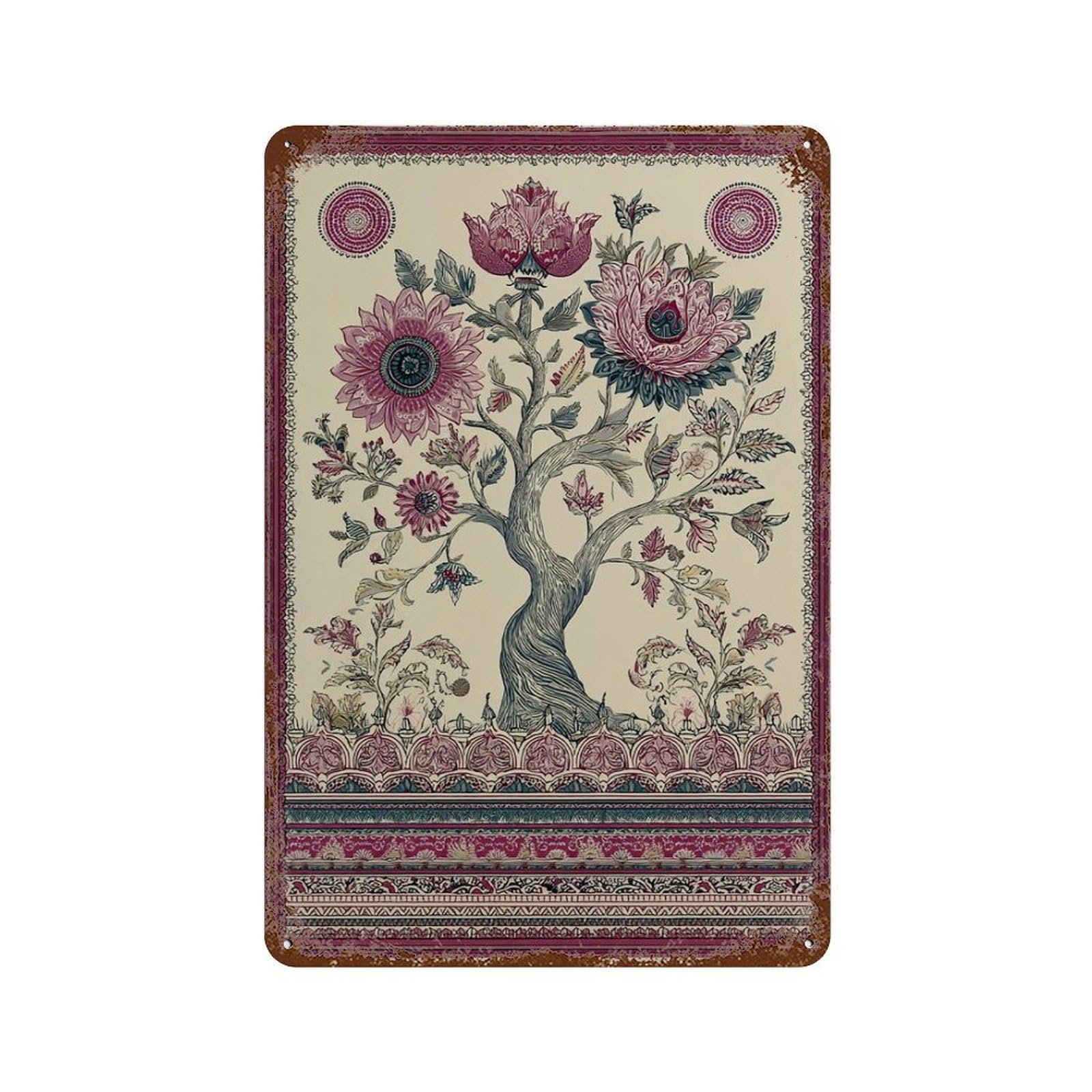 xiaoxiaoshen Mughal Tree of Life Indian Chintz Floral Botanical Wall Decor Art Metal Tin Poster Modern Home Decor Art Home Bar Shop Decorations Vintage Sign 30x20cm