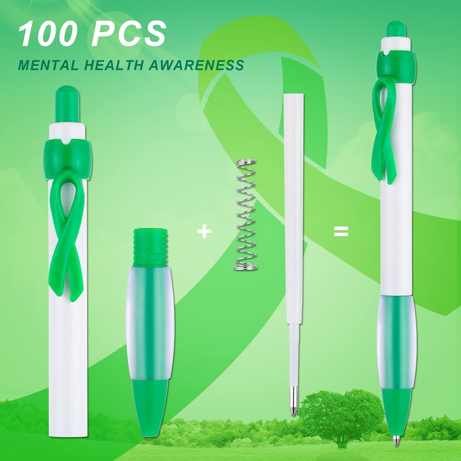 Yexiya 100 Pcs Mental Health Awareness Ballpoint Pen Bulk Suicide Prevention Green Ribbon Retractable Gel Pens Items Liver Cancer Kidney Disease Individual Packed Charity Volunteer Activity Supply