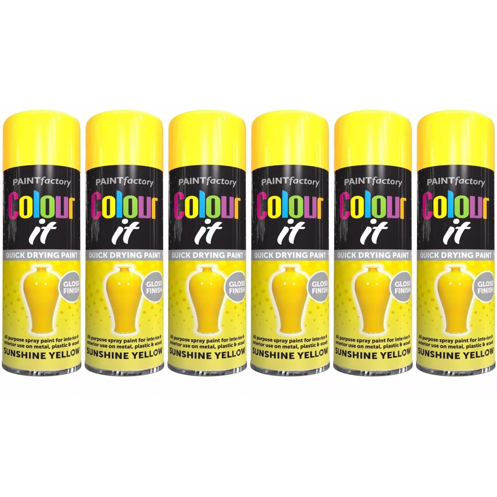 PNJB All Purpose Yellow Spray Paint, Aerosol Spray, Quick Drying, Excellent Coverage for Car, Van, Wheel, Metal, Ideal For Rust-Free Metal Surfaces, Excellent Coverage 250ml, (6PCS)