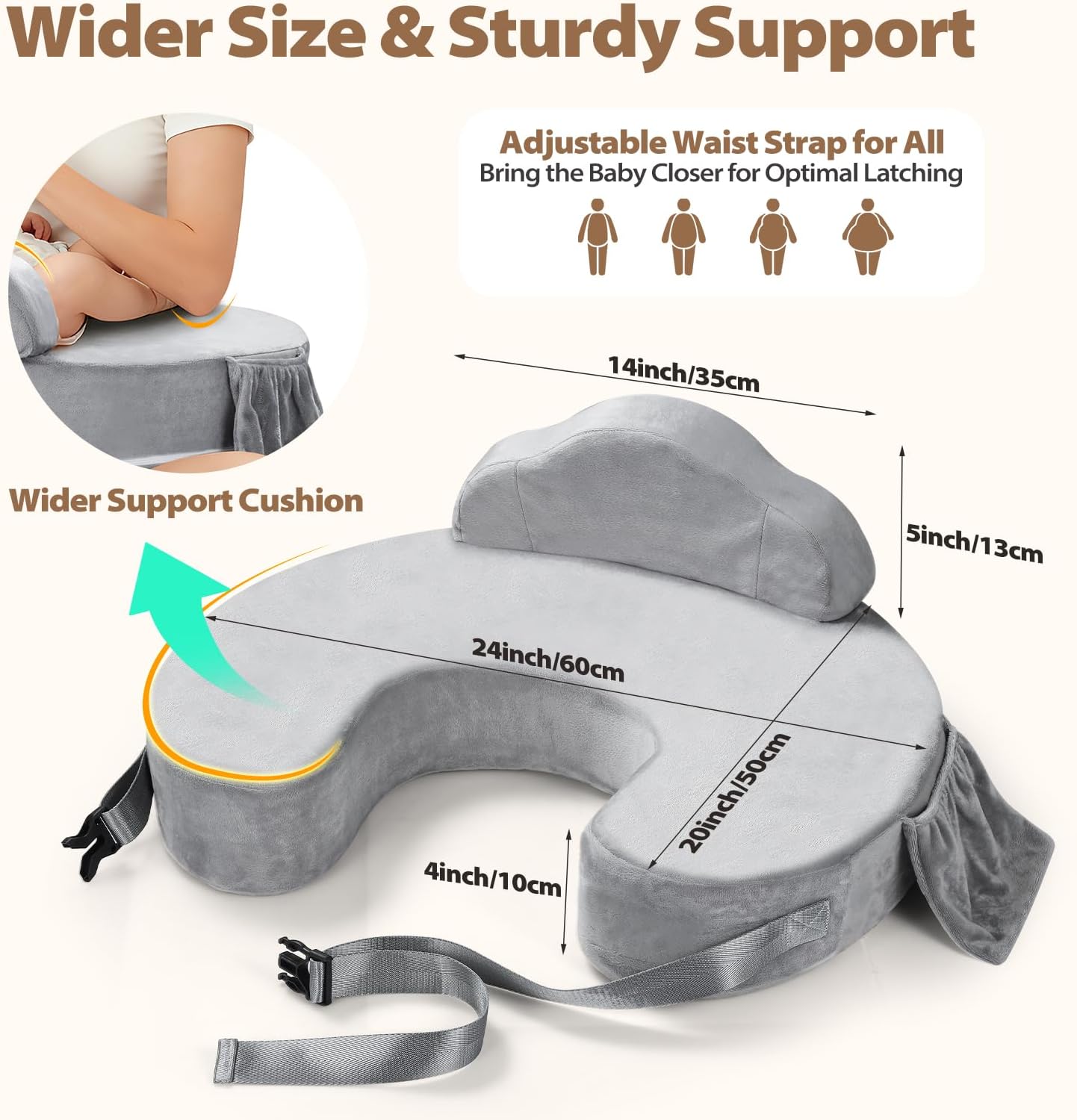 Nursing Pillow - Memory Foam Bottle & Breastfeeding Pillow with Safety Fence - Ergonomic Support, with Wider Breast Feeding Cushion, Adjustable, Removable Cover, Baby Safety Certified Gray
