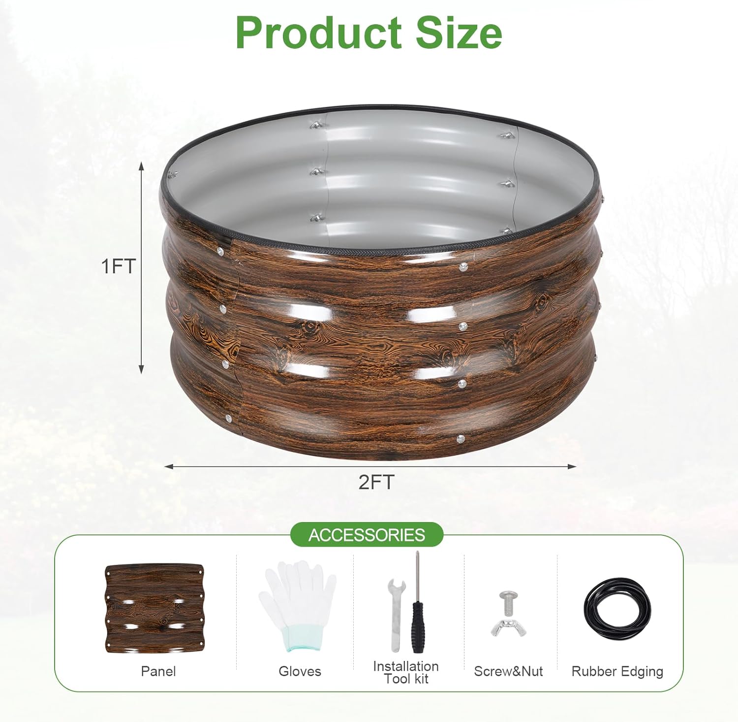 Galvanized Raised Garden Bed- 2Pcs Metal Planter Boxes Outdoor | 12" Tall 24" Round Steel Raised Bed Kit & Fire Pit Ring for Gardening with Protective Tape for Vegetables (Wood Grain)
