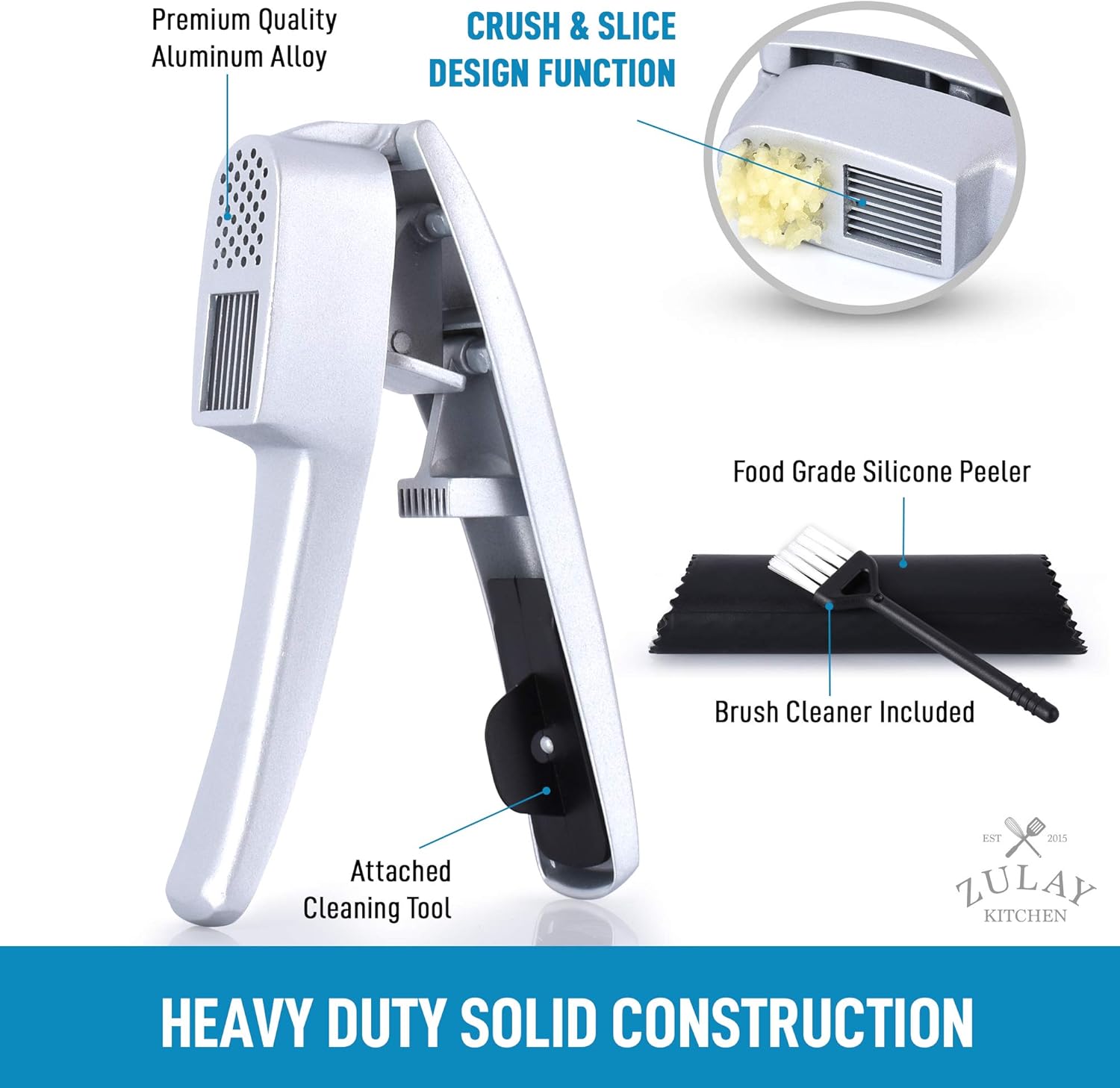 Zulay 2-in-1 Garlic Press Set - Dual Function Garlic Mincer & Slicer - Heavy Duty Easy Squeeze Garlic Crusher with Cleaning Brush & Silicone Garlic Tube Peeler: Home & Kitchen