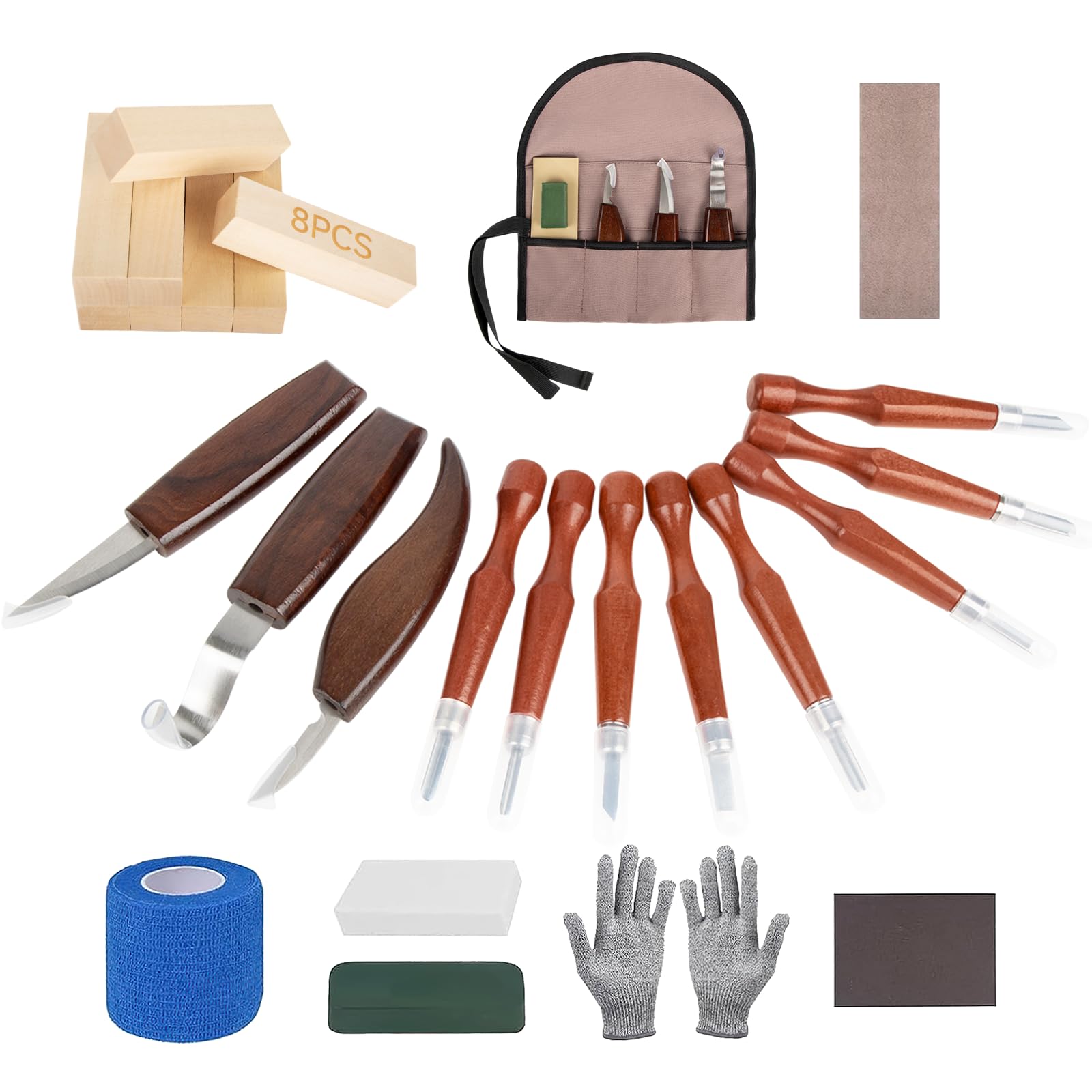 30PCS Wood Carving Kit Woodworking Chisel,BritPick Wood Kit for Beginners, Includes 8PCS Basswood Carving Blocks and 6PCS Whittling, Gloves, Roll Bag, Sharpener