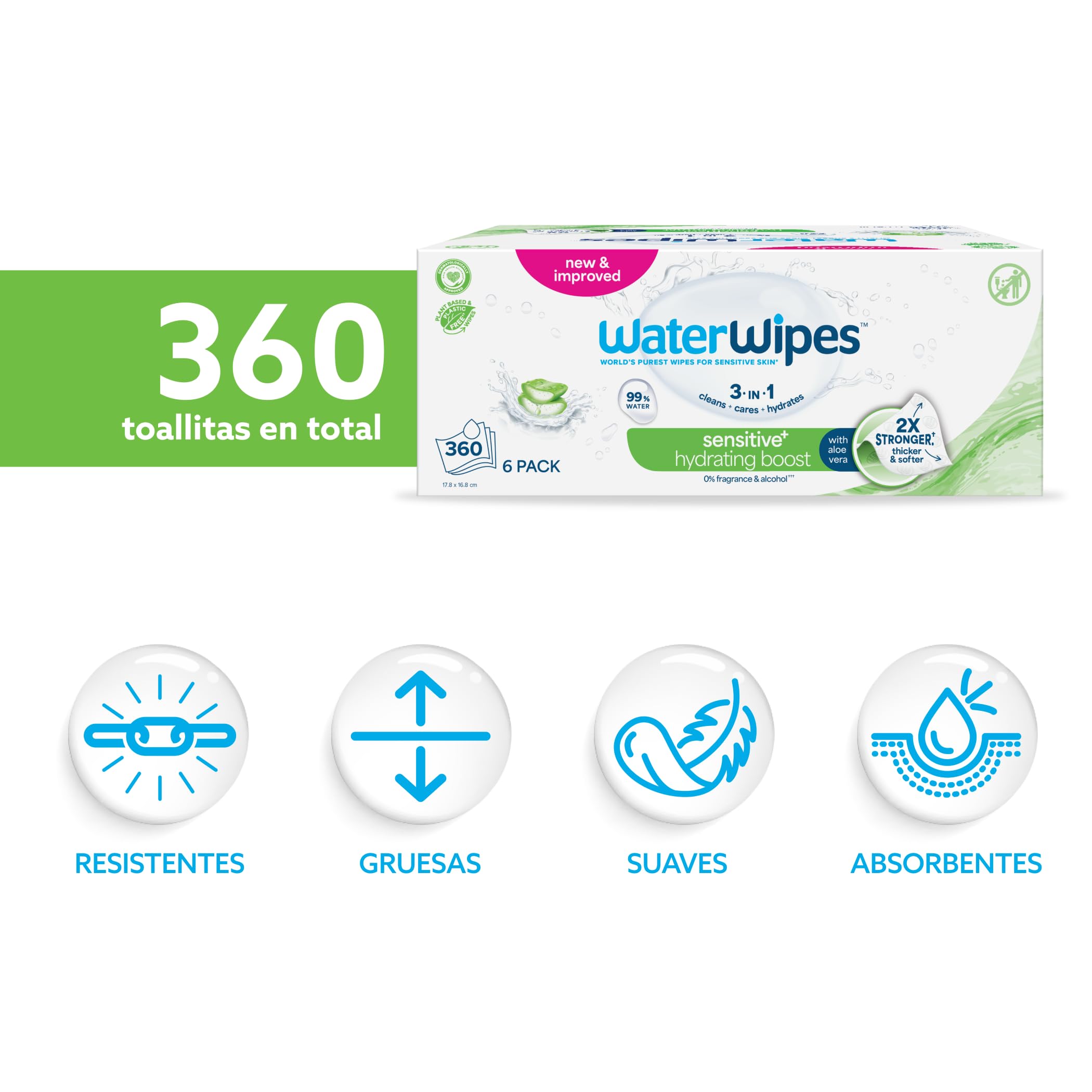 WaterWipes Sensitive+ Hydrating Boost Wipes, Toallitas Hidratantes, 360 unidades (paquete de 6), 3 en 1 Limpia, Cuida, Hidrata, 99% Agua con Aloe Vera, Toallitas sin perfume para bebés — view 2