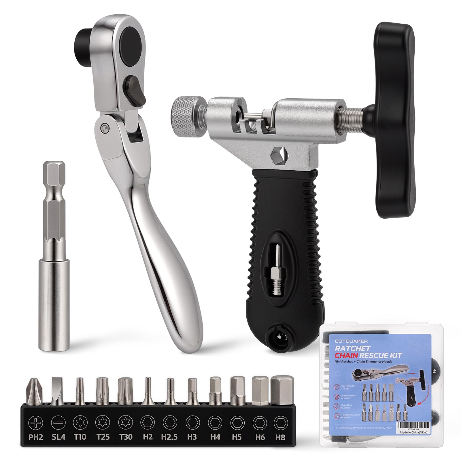 Mini Ratchet Set with Chain Breaker, Portable Bike Ratchet Set with 12 Bits, Mini Bike Tool Kit for Roadside Bicycle Repairs, Road MTB Gravel Commuting