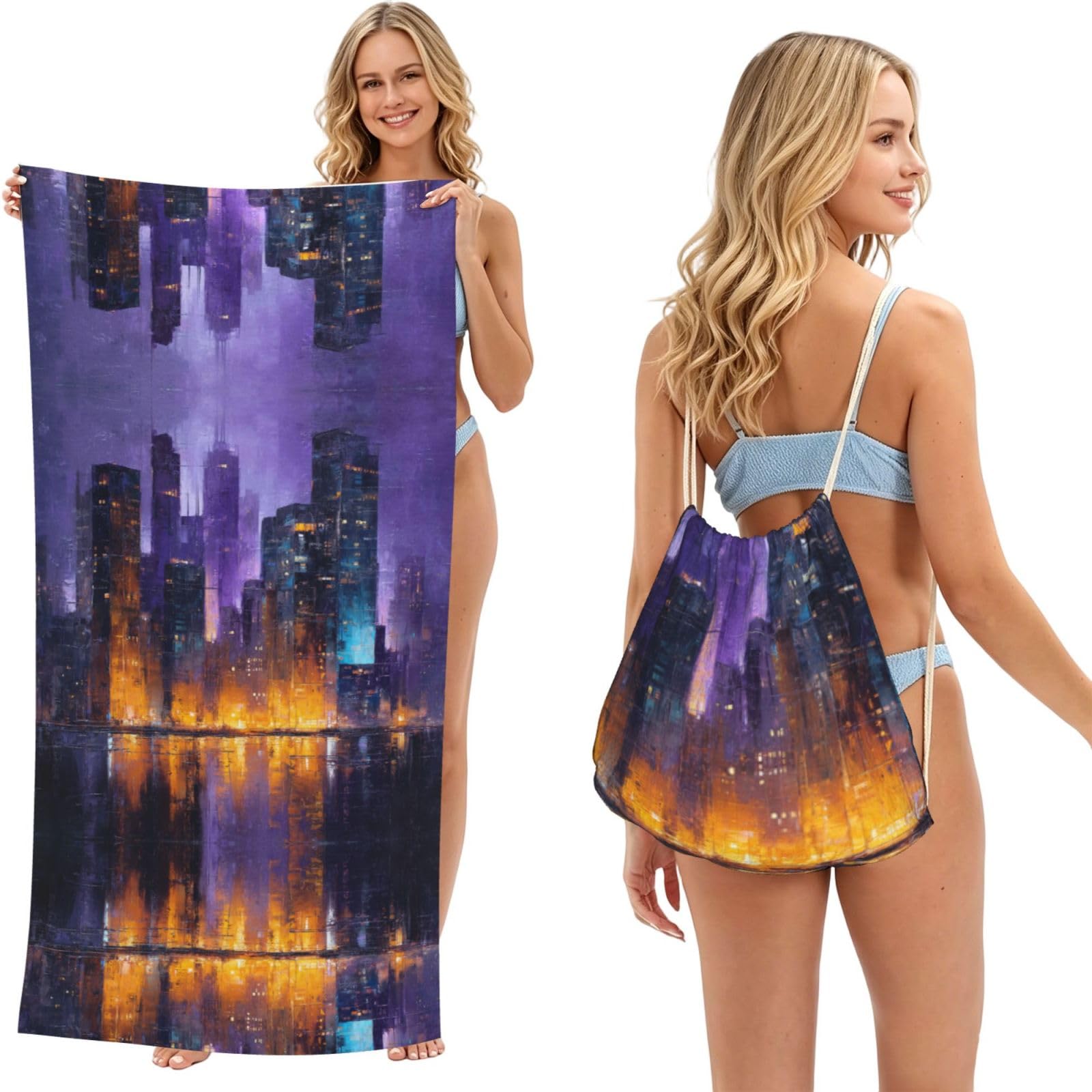 ESNAIUVCD Cityscape Print Beach Towel For Adults,Towel With Drawstring Bag, Travel Pool Swimming Sports Shower Sand Free Quick Dry Bath Towel For Pool, Beach, Yoga- 180x60cm
