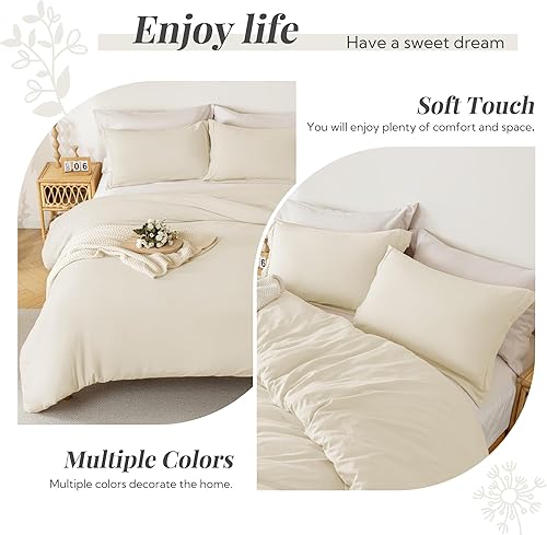 Miniatura 7 de MILDLY - Juego de funda de edredón supersuave de 3 piezas, 100% microfibra lavada, con cierre de cremallera y lazos en las esquinas, beige (sin