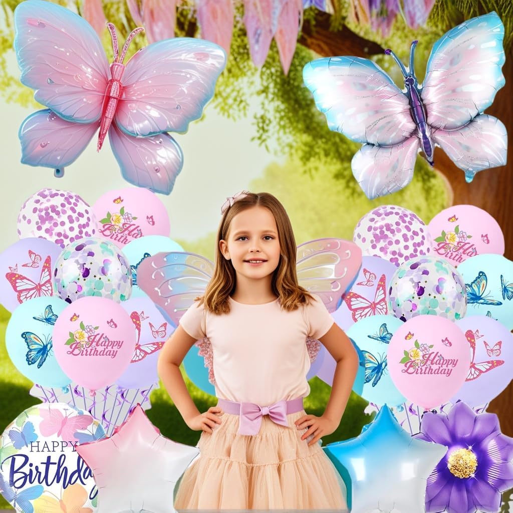 Butterfly No.0-9 Birthday Decorations for Girls, 23Pcs Purple Butterfly Balloons Number 1~9th Party Decoration Gradient Star Foil Balloon Set, Birthday Party Supplies for 1~10 Year Old Girl (Purple 3) image 3