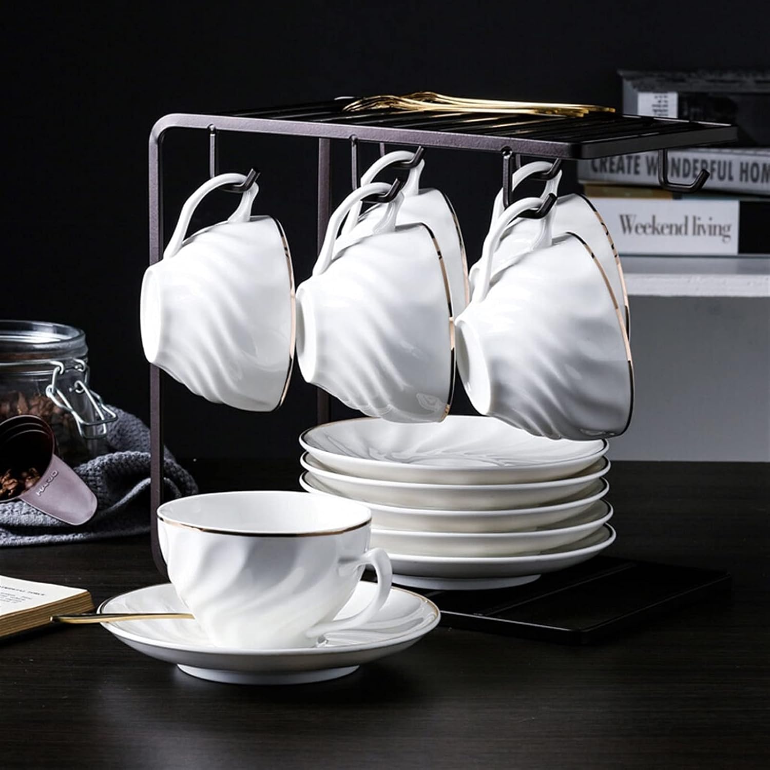 Coffee Mug Ceramic Cups, 6 Cups, 6 Saucers, Cups, Mugs, Tea Sets, Saucers with Coffee Racks Tea Cup, Fancy Tea Cups
