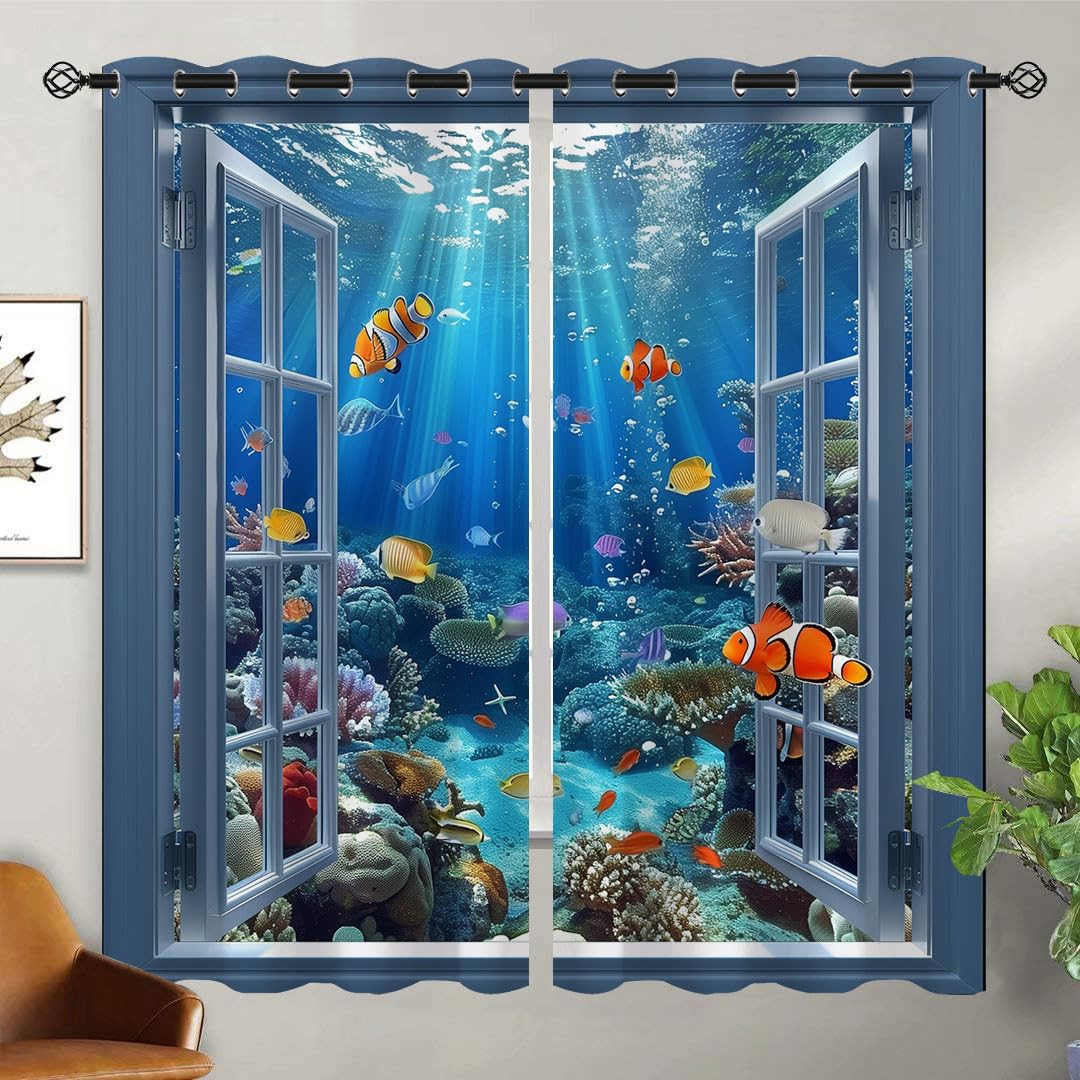 Ocean Blackout Curtains for Girls Kids Teen Boys Home Decor,Underwater World Tropical Fishes Colorful Grommet Thermal Insulated Drapes Darkening Window Curtain for Bedroom Living Room, 42 x 45 Inch