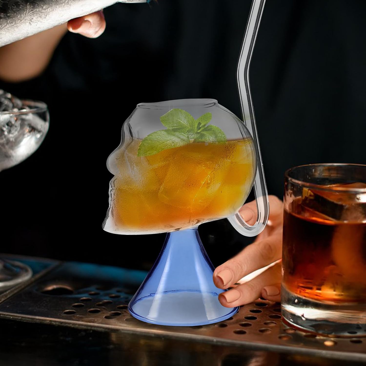 Skull Glass Wine Cup 250ml with Lake Blue Base, Multi-function Cocktail Glassware for Household Bar and Party Use, Stylish Sturdy Glass Goblet for Red Wine and Drinks