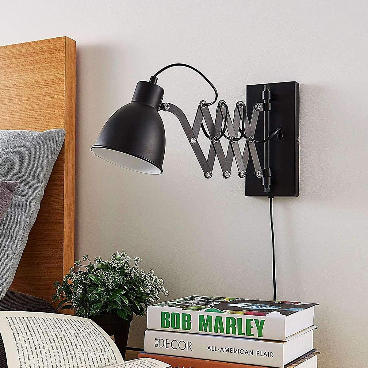 Schlafzimmer Industrie Wandleuchte mit Schalter, Metall Ausziehbare Scherenarm Innen Ausrichtbare Vintage Schwarze Wandlampe Kipp-am Kabel (1,5m lang) mit Stecker E27-Fassung, Max. 60W