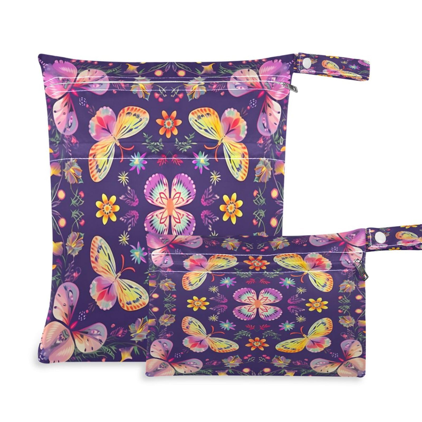 ATTX Cute Flower Pattern Wet Dry Bags 2-Pack - Reusable Cloth Diaper Storage for Travel, Beach & Gym | Multi-Use Waterproof Bags for Swimsuits, Baby Clothes, Sports Gear#201