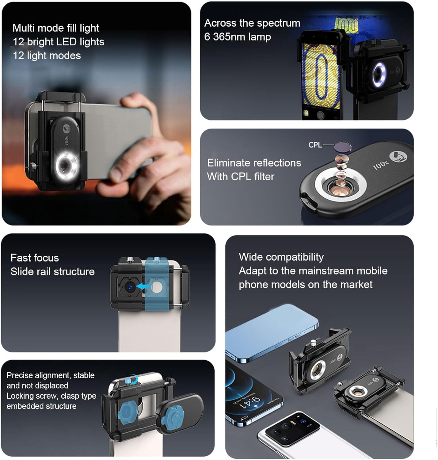 Yunseity 100X Microscope Lens with LED Lights, CPL Filter for Smartphones, Zoom Lens