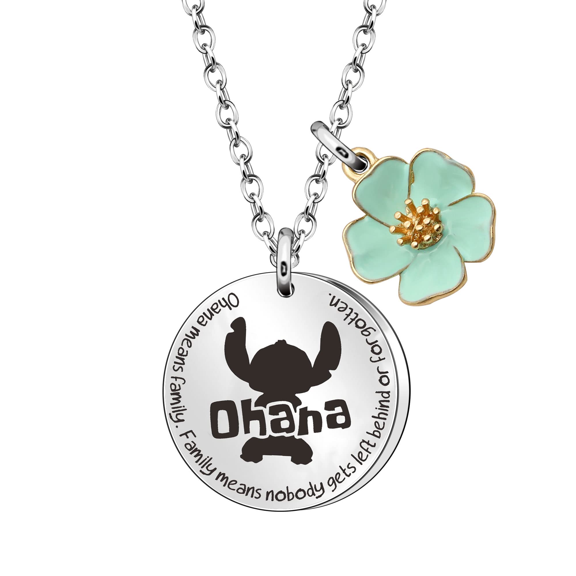 LUXYSODE - Ohana Means Family Neckalce, Cute Stitch Necklace - Family Means Nobody Gets Left Behind or Forgotten Engraved Pendant Necklace Stitch Gift for Women Girls (NL-LBF)