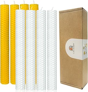 Beeswax Taper Candles 8 Pack, 9" Long Candlesticks, Dripless & Unscented & Smokeless Bees Wax Candles for Home, Yellow & White Candle