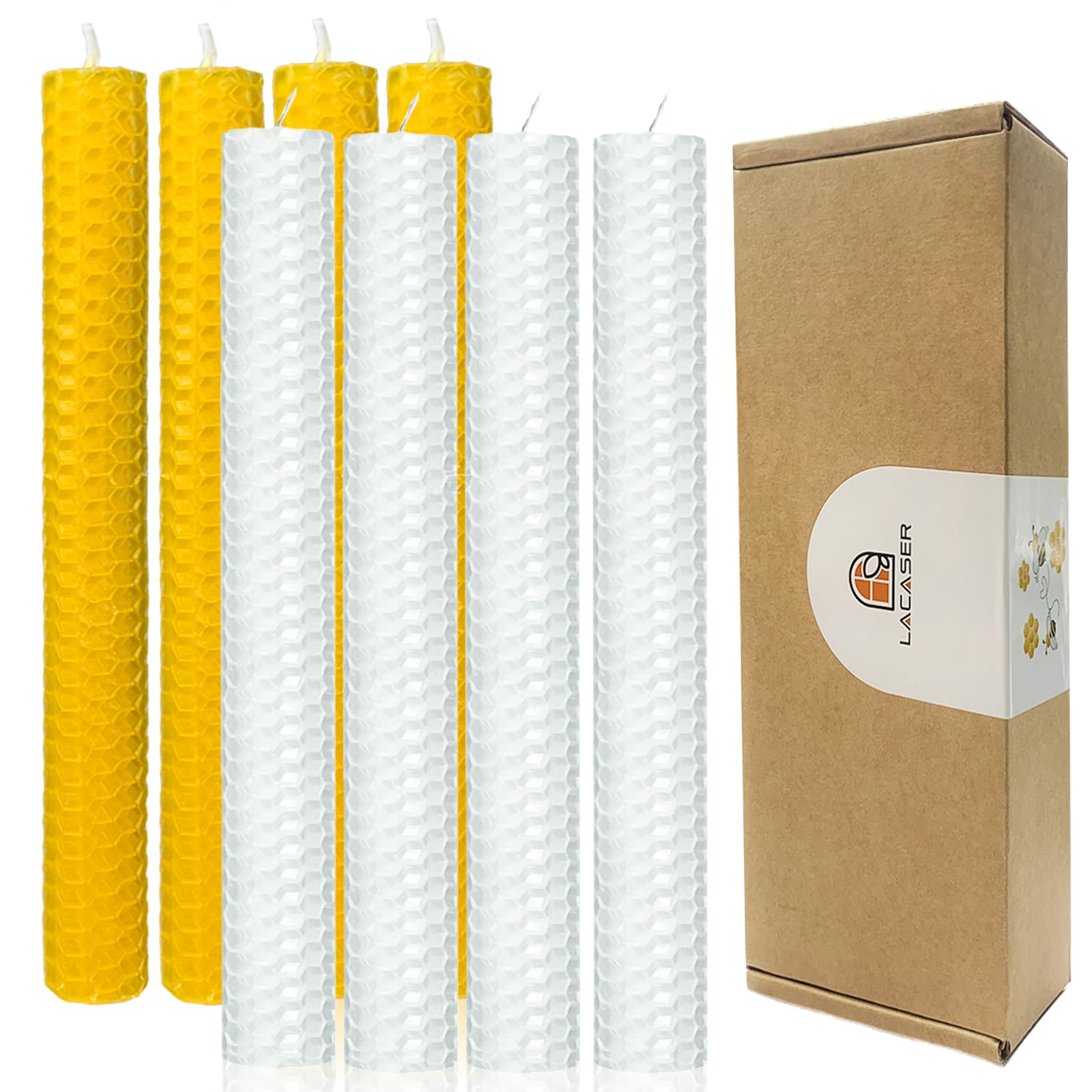 Bienenwachskerzen, 8 Stück, 22,9 cm lang, tropffrei, geruchlos und rauchfrei, Bienenwachskerzen für Zuhause, gelbe und weiße Kerze