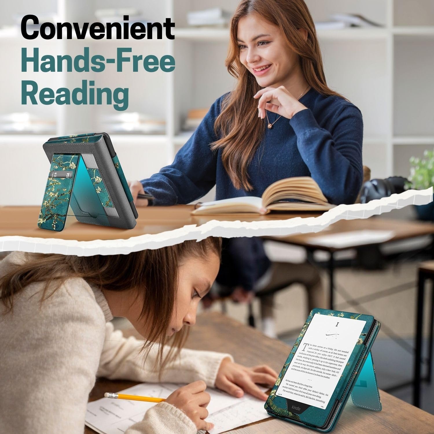 TNP Stand Case with Strap for Kindle Paperwhite 12th Gen 2024 / Kindle Colorsoft Signature Edition - 7" PU Leather Protective Folio Cover with Auto Wake/Sleep & Card Slot, Almond Blossom