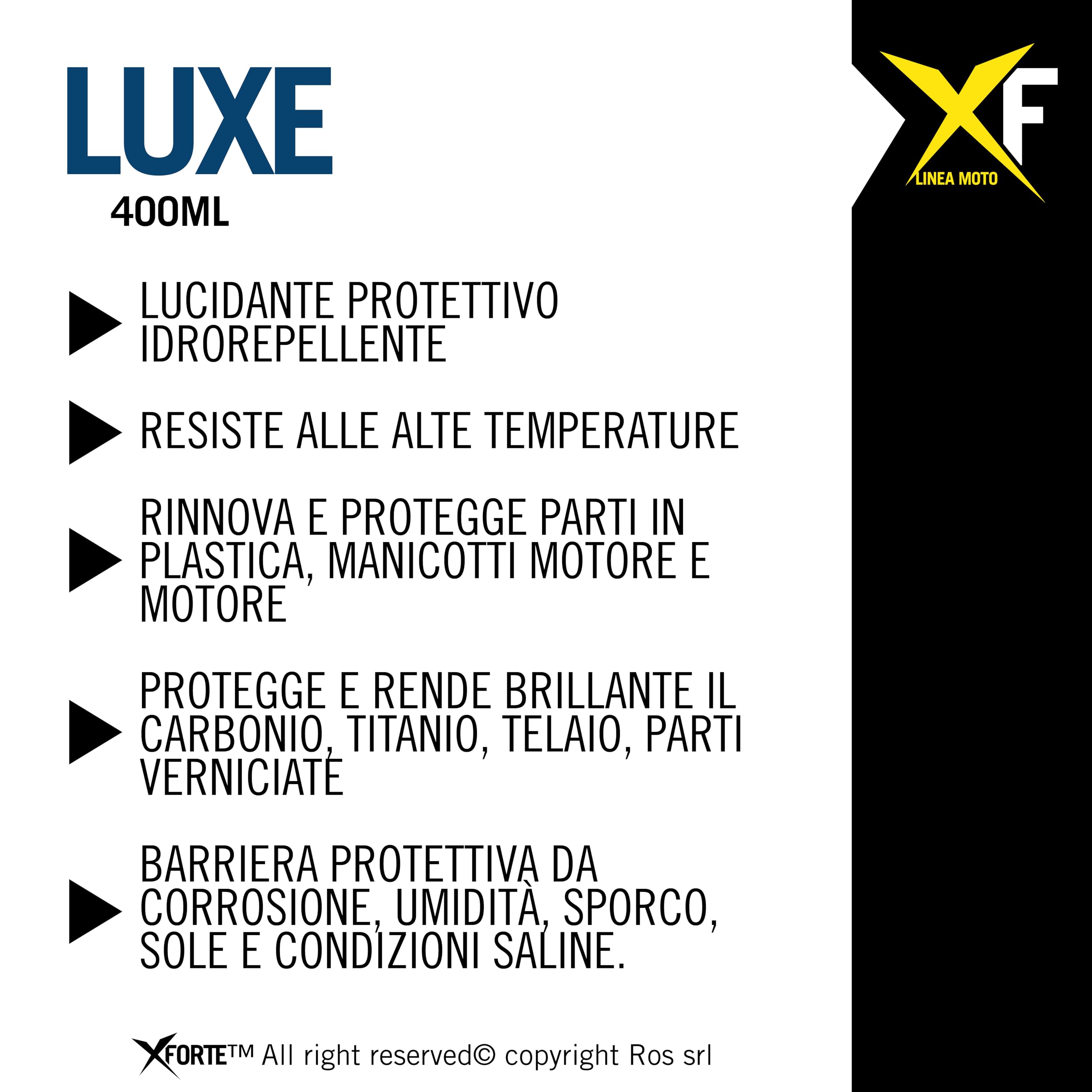 XFORTE Luxe Lucidante Protettivo Idrorepellente con Silicone – Spray 400 ml per Motore, Telaio, Carbonio e Titanio – Resistente Alte Temperature - Anti-Corrosione e Anti moscerini