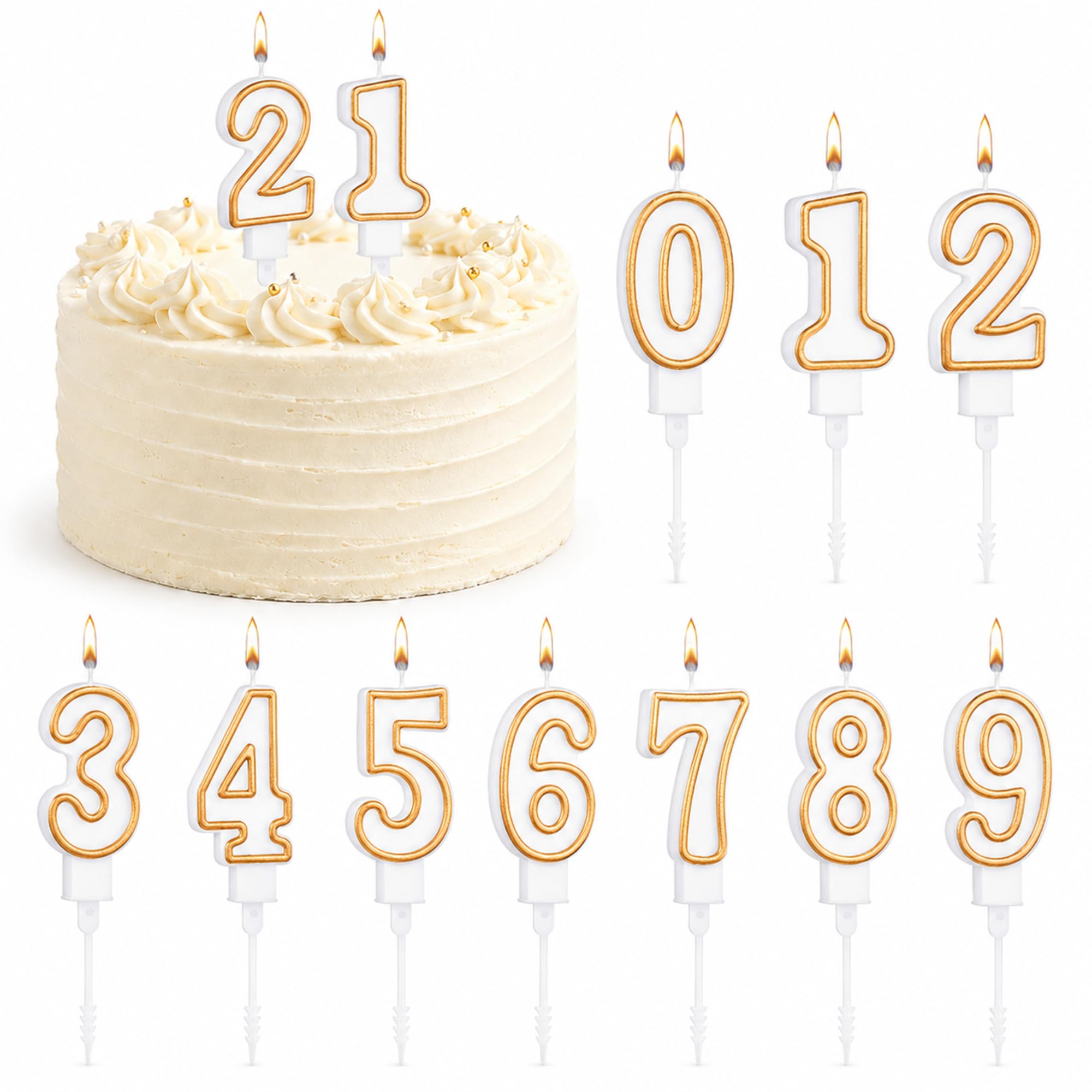 10 Stücke Kuchen Nummer Kerzen Geburtstag Ziffer Kerzen Zahlen 0-9 Weiße Kerzen mit Goldenen Kanten Kuchen Topper Kerze Dekoration für Hochzeit Geburtstag Party Zubehör