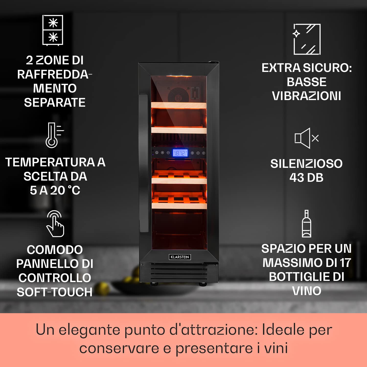 KLARSTEIN Cantinetta Vino Design da Incasso, Refrigerata a Zona Doppia per Vino Rosso, Bianco e Birra, Frigo per Esterno/Interno, 53L, 17 Bottiglie