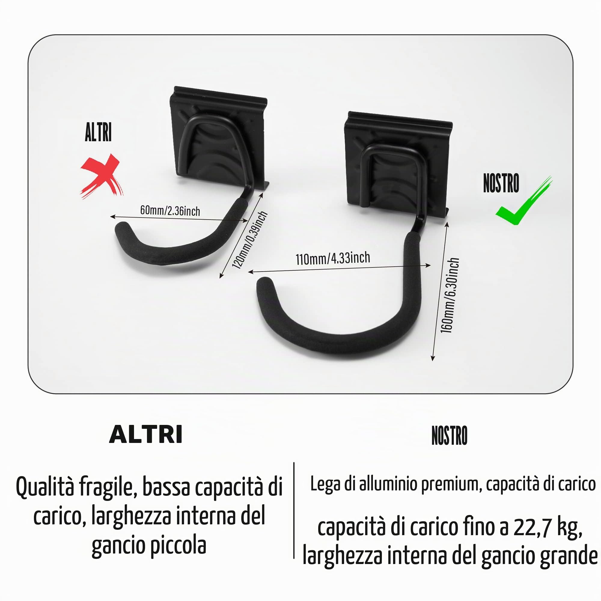 Sinoer supporto a parete per biciclette, porta a parete per 4 biciclette e 2 caschi, gancio resistente per biciclette in acciaio pieno, 2 guide da 16 pollici.