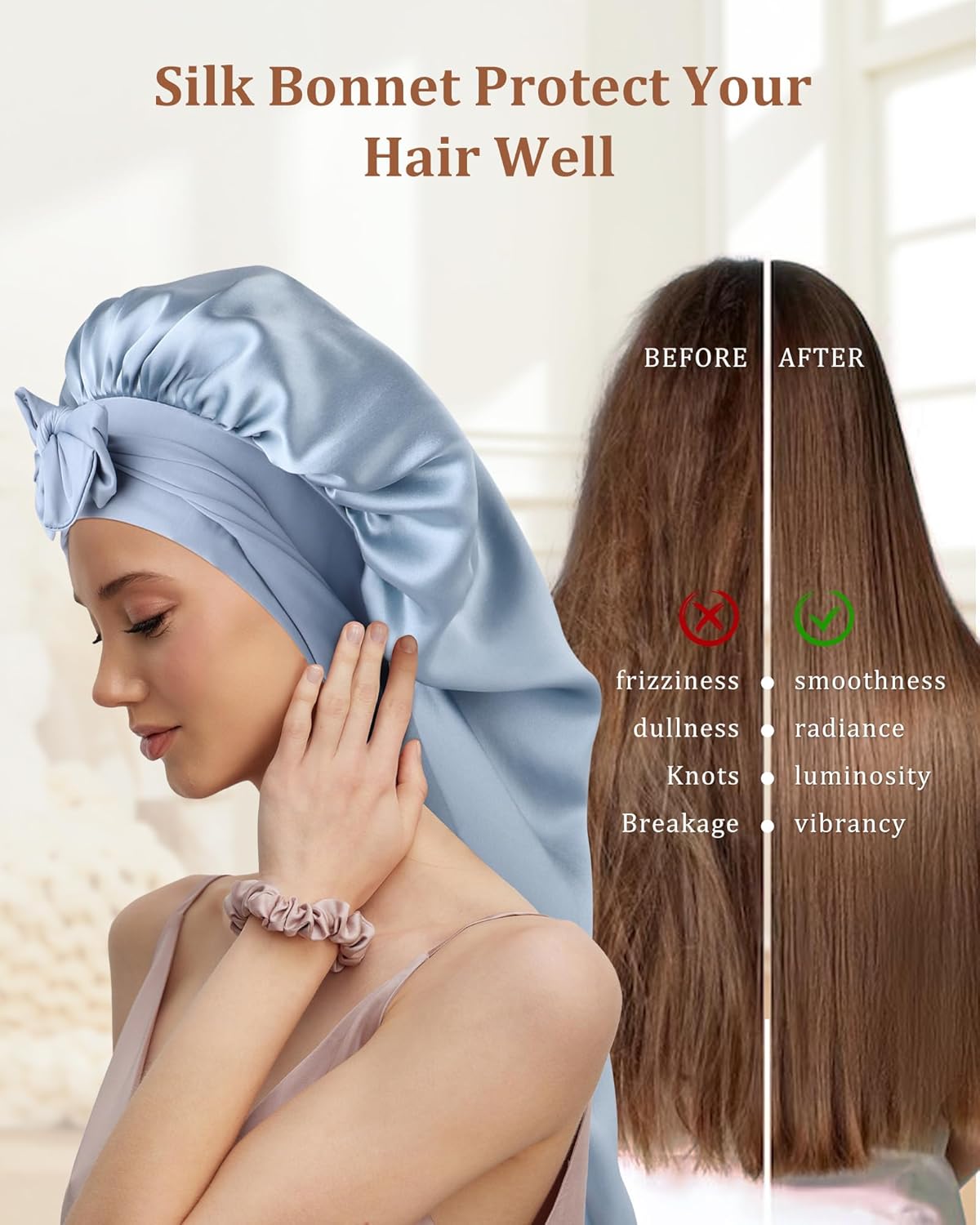 AWAYTR Long Silk Bonnet for Sleeping - 100% Mulberry Silk Bonnet for Women Long Hair Sleep Cap with Elastic Tie Band (Haze Blue)
