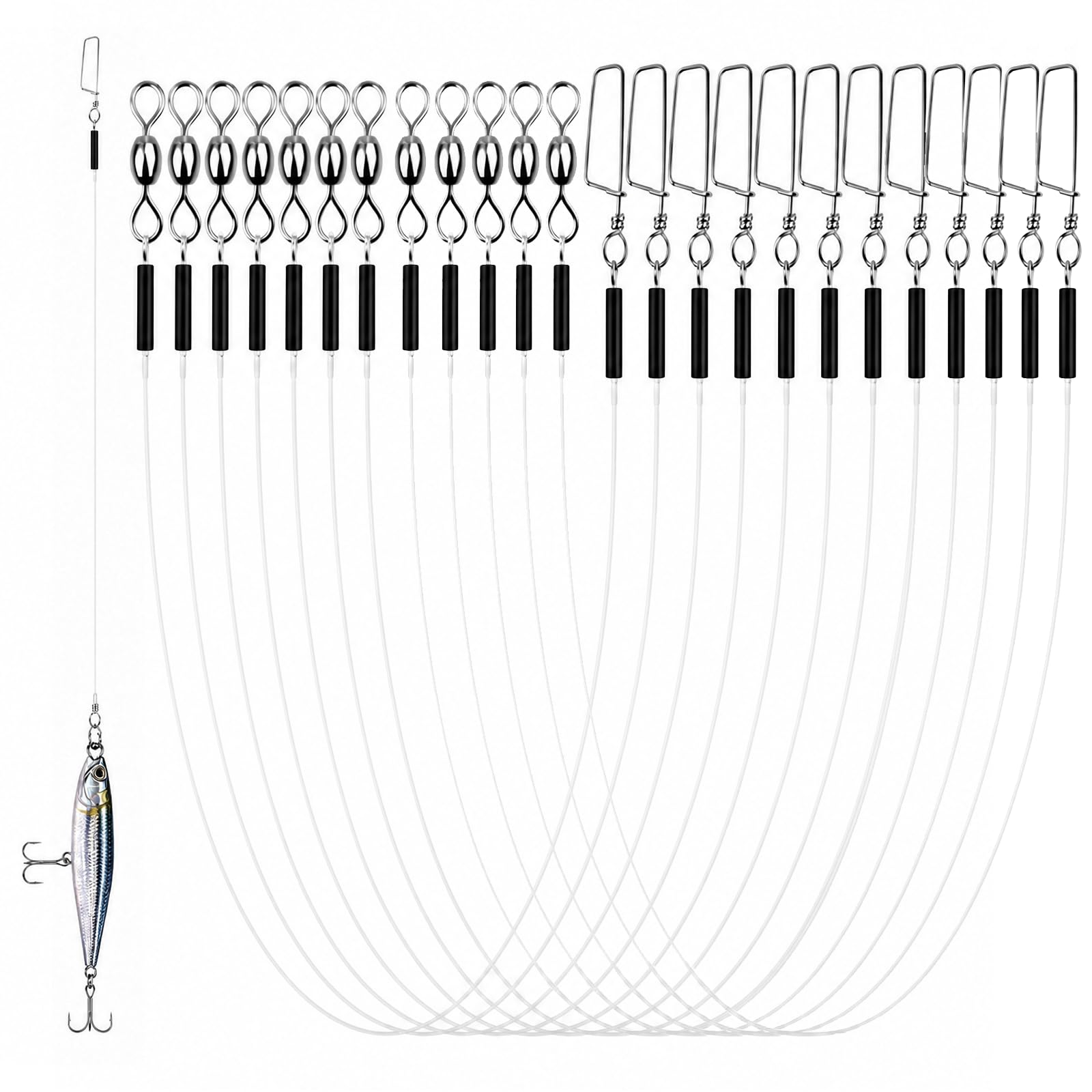12 Pcs Fluorocarbon Fishing Leader, Pre-Tied Swivel and Snap, Clear Invisible Spinning Leader Line, Lightweight Portable Fishing Wire for Connecting Main Line, Lures and Hooks(18in-45lb)