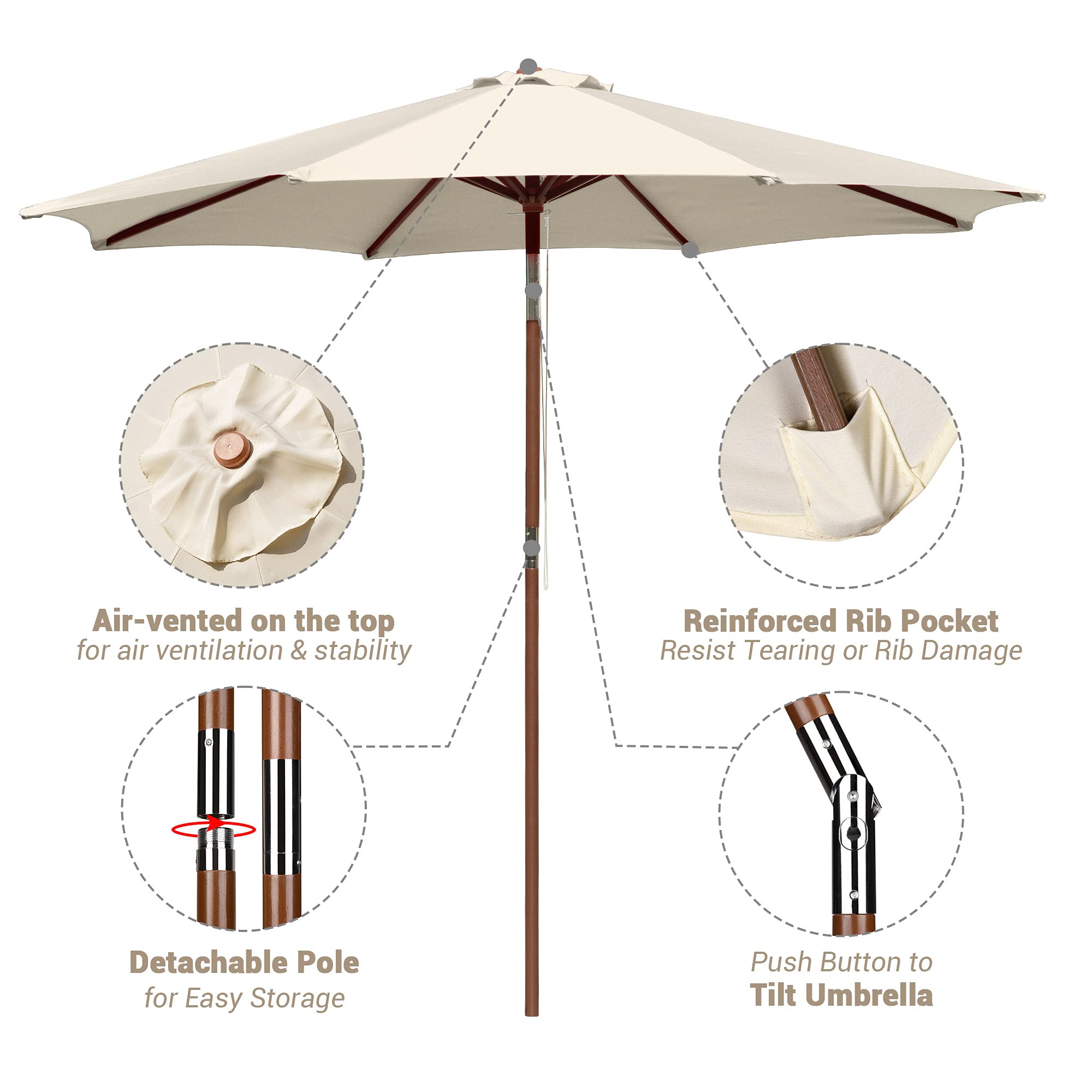 Polea de cuerda acanalada de 9 pies y 8 pies con inclinación de madera para exteriores, sombrilla de patio al aire libre, color beige, mesa de mercado para piscina, terraza, patio 3