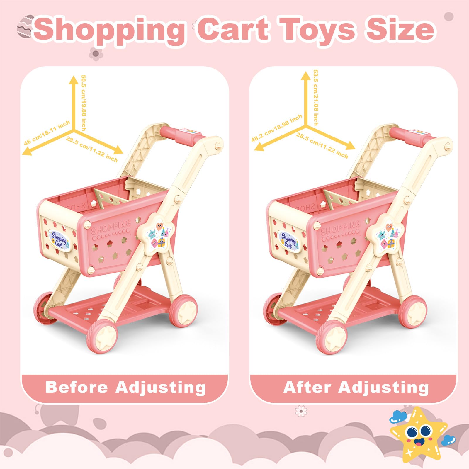 RedCrab Carrito De Compras De Juguete Con Escáner Y 74 Accesorios | Juego De Rol De Tienda Con Calculadora, Tarjetas De Crédito Y Cesta, Ajustable En Altura, Para Niños +3 Años, Color Rosa