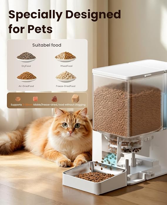 8.5L Automatic Cat Feeder,ROJECO 2-in-1 Pet Feeder with Timer,Large Capacity Cat Food Dispenser with Food Feeder and Water Fountain,Stainless Steel Bowl,Knob Control Automatic Feeders for Cats Dogs