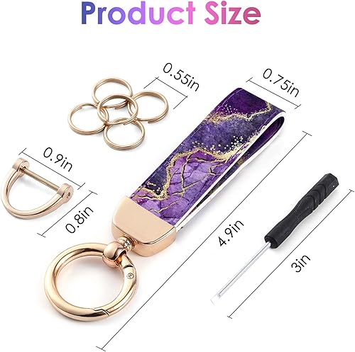 Miniatura 2 de Llavero de cuero para hombre y mujer, llaveros para llaves de coche con 5 llaveros y llavero de anillo en D antipérdida, Mármol púrpura
