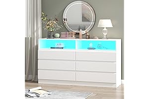 Modern White Marble Dresser with 6 Drawers and LED Light