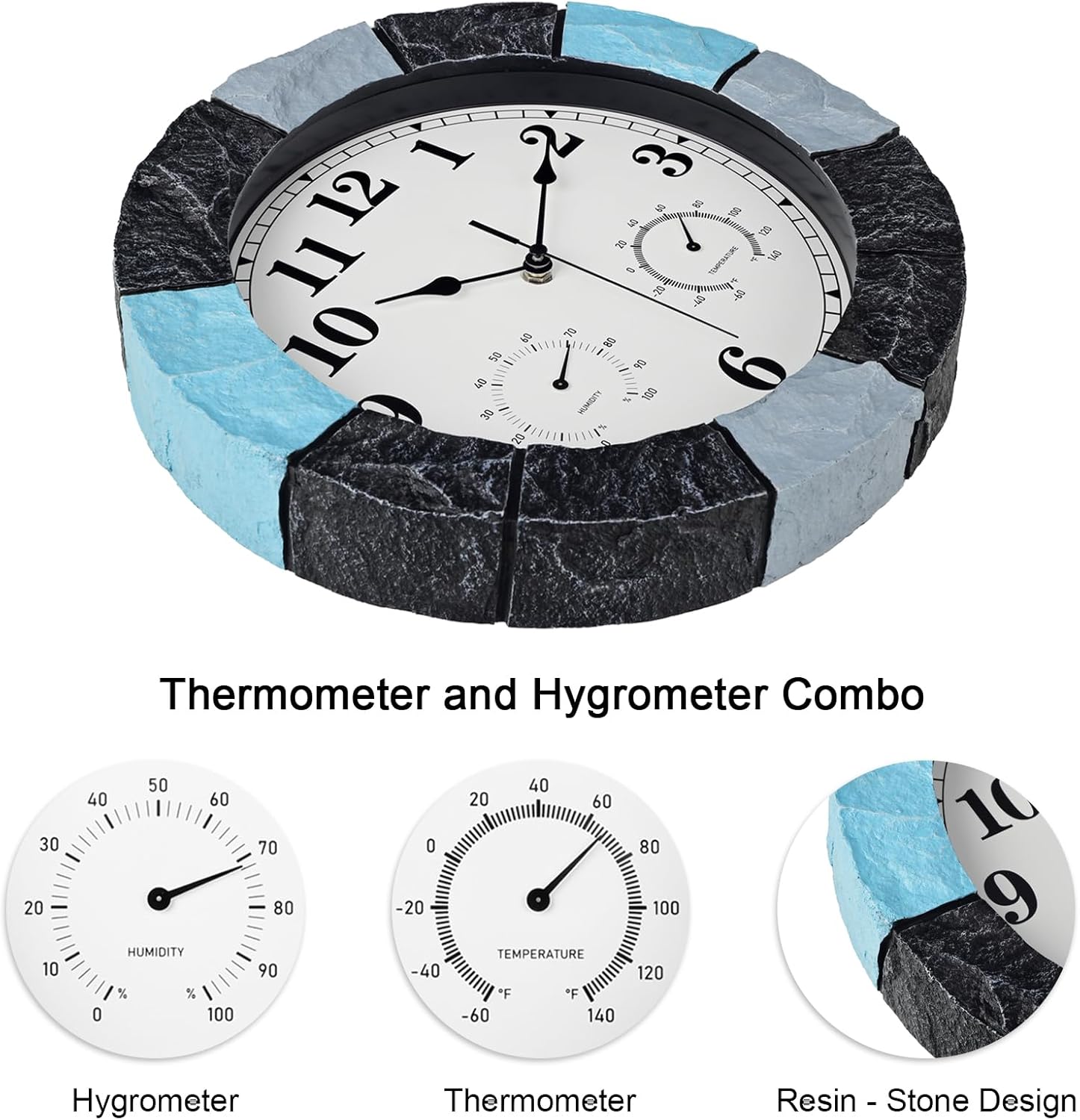 JoFomp 13 Inch Resin Faux-Stone Outdoor Clocks Waterproof with Thermometer and Hygrometer Combo, Large Outdoor Clocks for Patio, Outdoor Wall Clocks Battery Operated, Outside Clock for Pool/Home