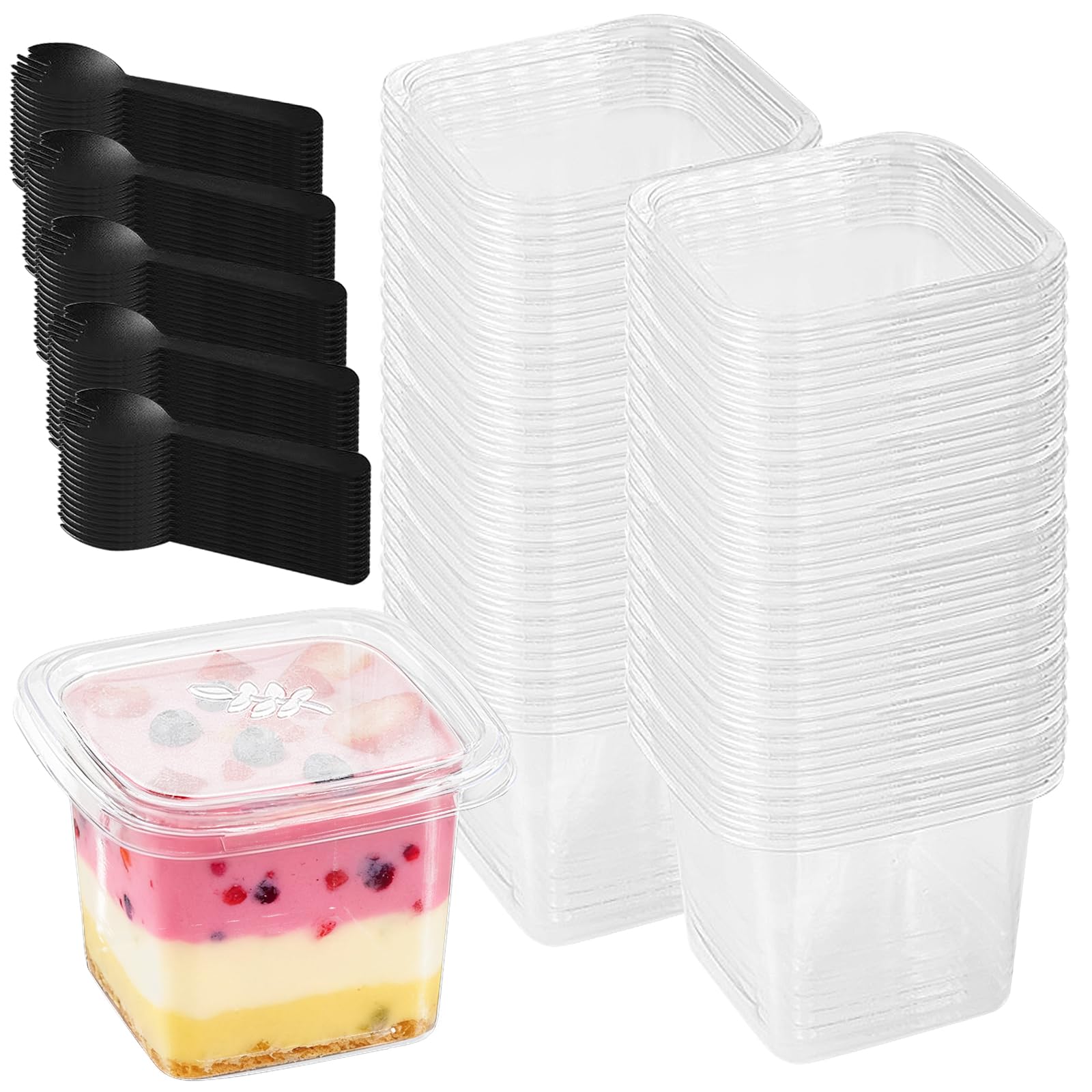 Pingeui Clear 100 Pcs Dessert Cups With Lids And Spoons, 400Ml Reusable Plastic Square Dessert Pots, Parfait Cups For Pudding Mousse Wedding Birthday Parties