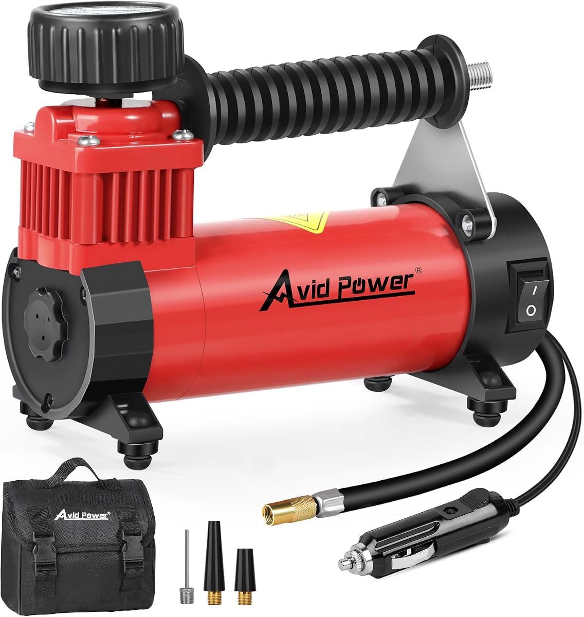 12V DC Tire Inflator Portable Air Compressor, Compact Air Pump w/Copper Motor, Easy Operation 12V Tire Pump w/Carrying Case & 3 Adapters (Red)